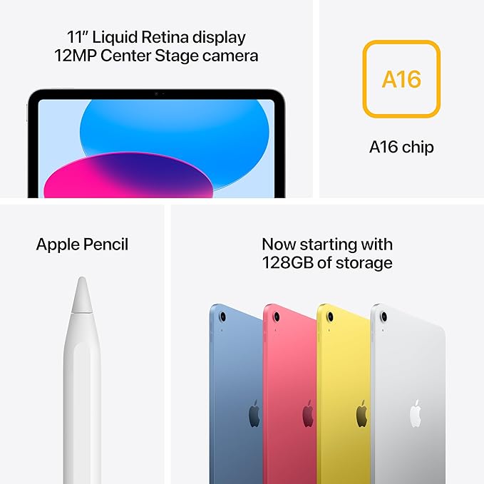 Apple iPad 11-inch: A16 chip, 11-inch Model, Liquid Retina Display, 512GB, Wi-Fi 6, 12MP Front / 12MP Back Camera, Touch ID, All-Day Battery Life — Silver