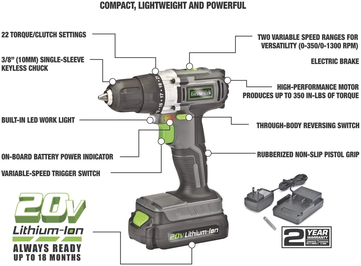 Genesis GLCD2038A 20V Lithium-ion Battery-Powered Cordless Variable Speed Drill Driver with 3/8" Chuck, Built-In LED Work Light, 20V Battery, Charger and Double-Ended Screwdriver Bit, Grey/Black/Green - Curated Treasures Market