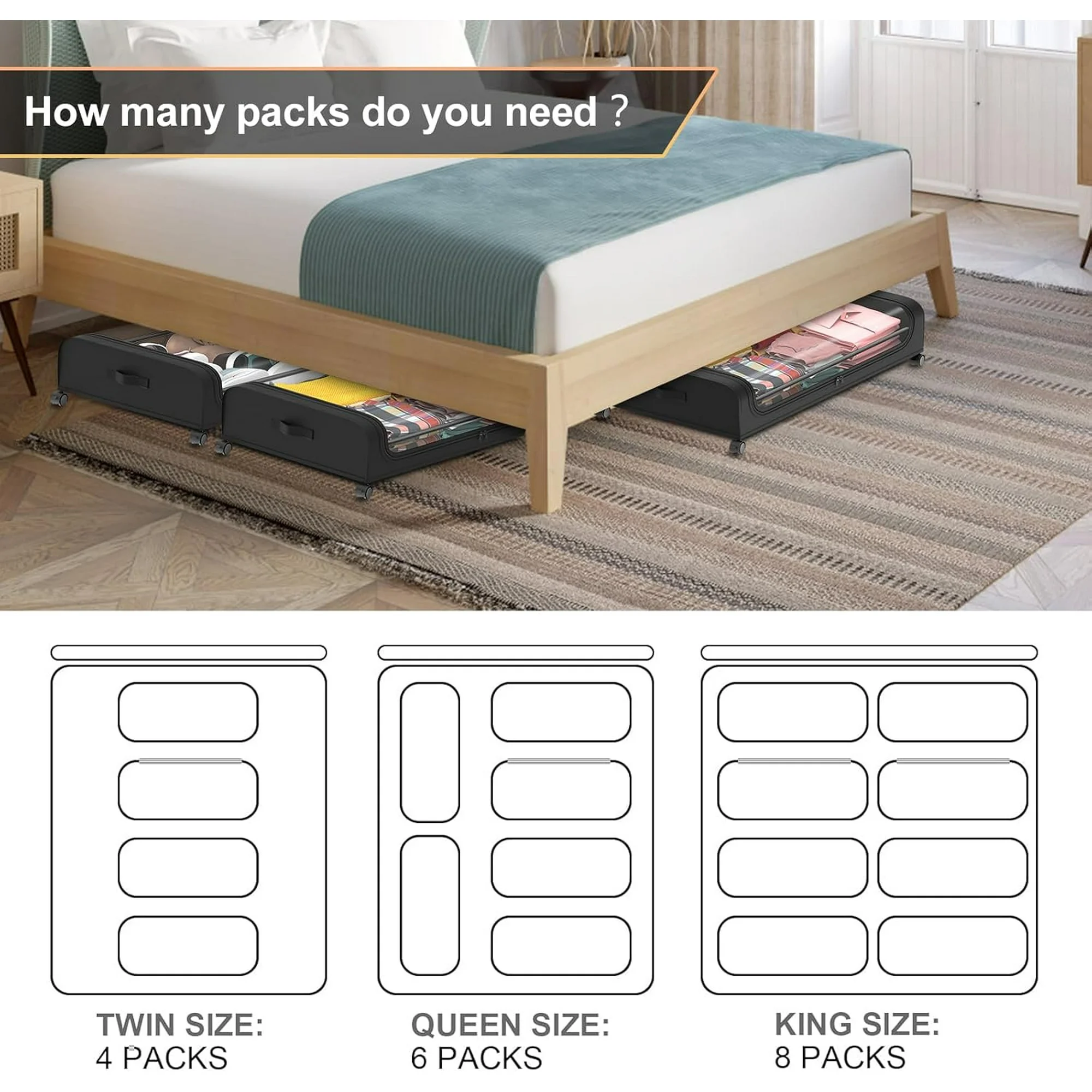 2-Pack Under Bed Storage with Wheels - Rolling Underbed Organizer Containers Drawer Bins with Lid for Clothes, Shoes, Toys, Books, Blankets