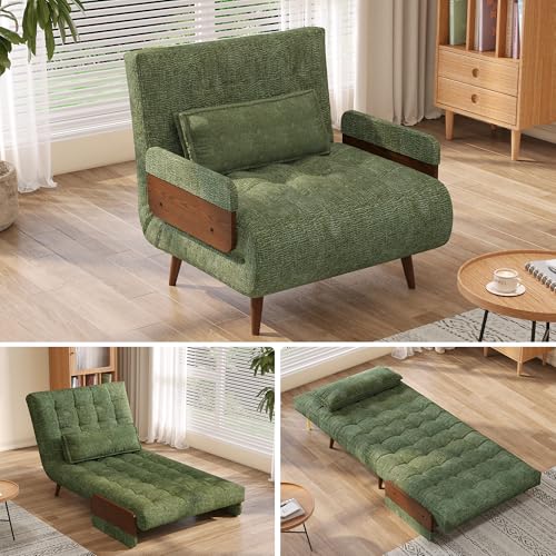 3-in-1 Convertible Chair Bed Sleeper for Adults, Linen Convertable Sleeper Chair with Wooden Arms & Pillows, Foldable Single Futon Sofa Bed (Mid Century with Walnut Arm, 36.6" Wide)