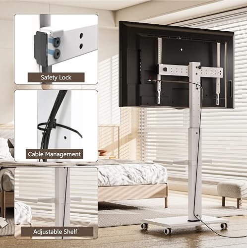FITUEYES Rolling TV Stand - Portable Mobile TV Cart on Wheels for 32 to 75" TVs, Landscape to Portrait Rotating and 40°Swivel, Height Adjustable TV Cart Rolling TV Stand with 1 Shelf Hold Up to 88 Lbs