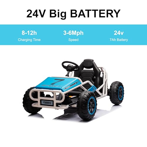 24V Ultimate Go Kart for Kids Ages 6-12, 2x200W Powerful Motor Electric Go Kart, 6MPH Outdoor Off-Road Dirt Road Electric Car,15"x11" Wide Seat, Metal Frame, Powerful Shock Absorbers, Blue