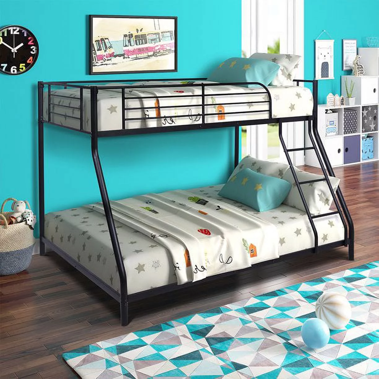 Bunk Bed, Twin Over Full Bunk Bed with Metal Frame and Ladder,  Heavy Duty Bunk Beds Twin Over Full Size for Adults Teens, Durable Bunk Bed Frame with Metal Support Slat, Safety Guardrail, Black, V278