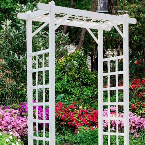 Dura-Trel Elmwood Arbor, 57 by 84 Inch PVC Patio Garden Arch, Outdoor Lattice Frame Decoration or Trellis for Climbing Plants, White