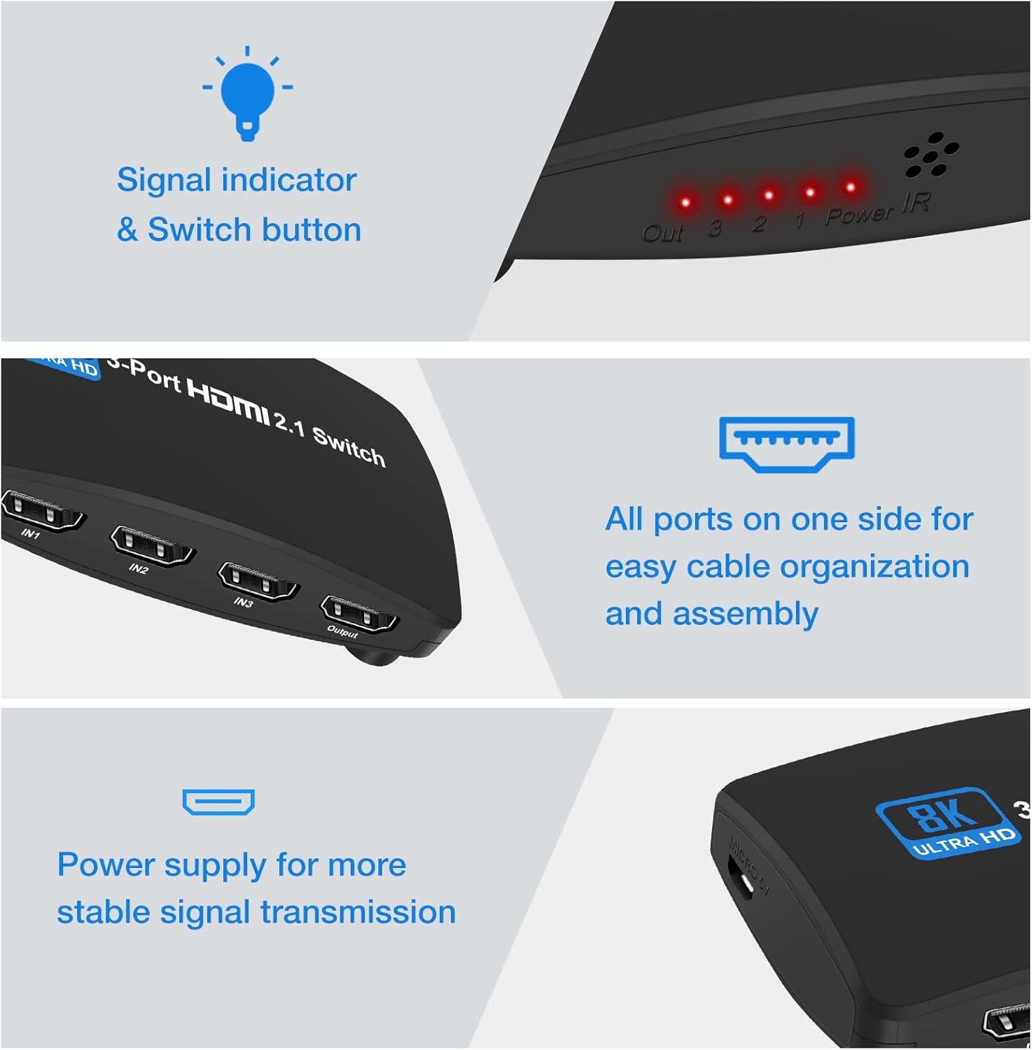 8K@60Hz HDMI 2.1 Switch, HDMI Switch 3 in 1 Out, 3-Port HDMI Switcher Selector, Supports 4K@120Hz, 1080P@240Hz, 1080P@120Hz for Fire Stick, HDTV, PS4/5, Game Consoles with Remote Control Pack of 2