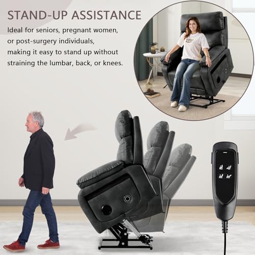 Dual Motor Power Lift Recliner Chair for Adult & Elderly, Infinite Position Lay Flat Lift Chair with Heat & Massage, Cup Holder, Lumbar Pillow, Wireless Charger, USB Ports, Leather (Beige)