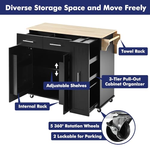 Rolling Kitchen Island on Wheels with Storage 3 Tier Cabinet and Drawers, Table with Towel and Spice Rack, Cart with Drop Leaf and Power Outlet (Type P. Black)