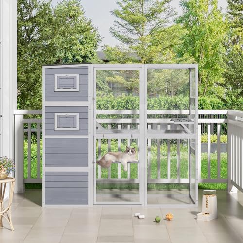 COZIWOW Large Wood Cat Catio, Outdoor Enclosure with Weatherproof Roof, 2 Resting Rooms, 2 Platforms, 4-Tier Cat Playpen, Orange