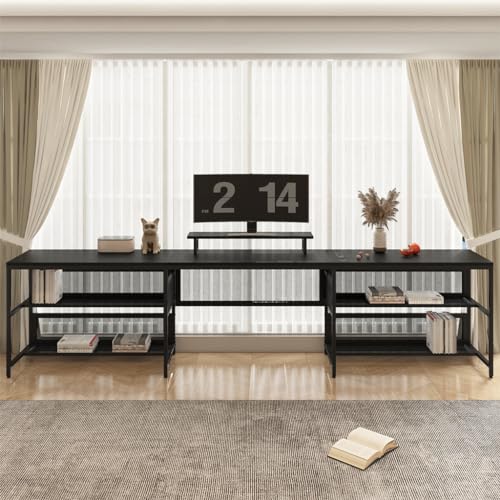 Computer Desk U Shaped 82" with LED Lights and Power Outlets, Reversible Gaming Desk with Monitor Stand, Corner Gaming Desk for Home Office Workstation, Printer Storage Shelves, Two Person Desk,Black