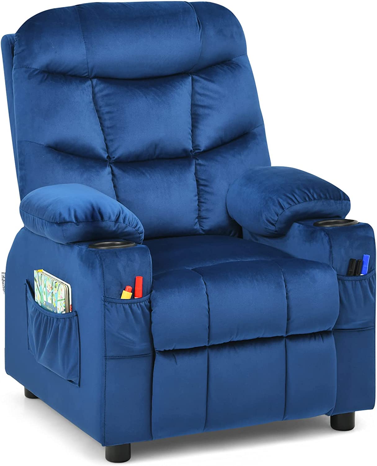 Kids Recliner Chair, Toddler Armchair Upholstered Couch with Cup Holder, Child Furniture for Ages，Adjustable Lounge Recliner，Blue
