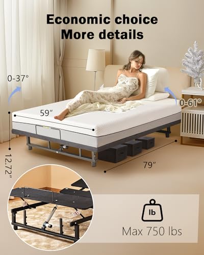 Queen Adjustable Bed Base Frame - Premium Metal, Head & Foot Incline, Wireless Remote, Zero Gravity, Quiet Motor (79" L x 59" W x 12.72" H) Black
