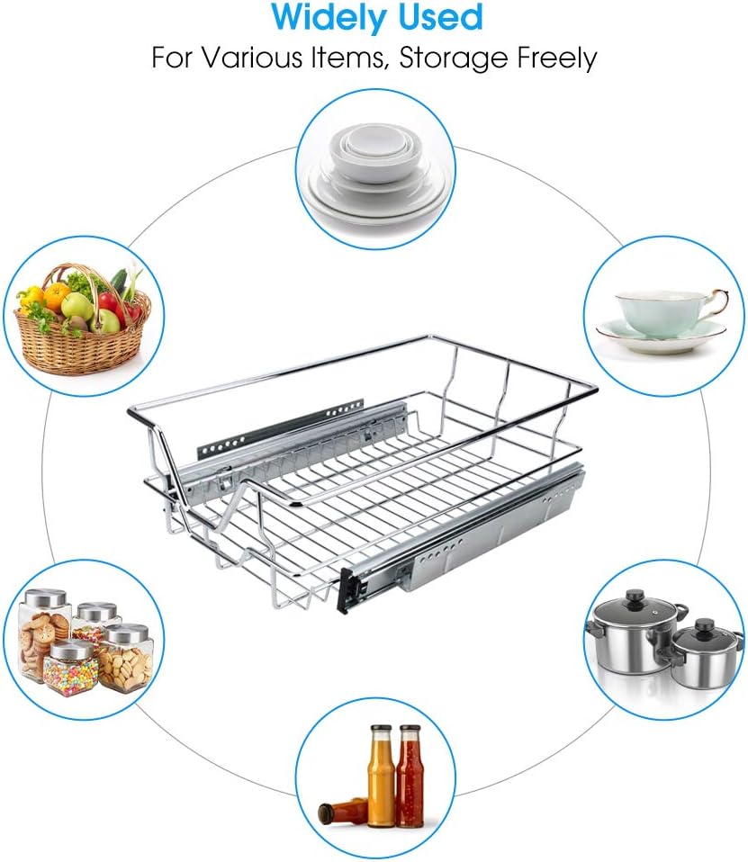 Kitchen Sliding Organizer, Cocoarm Pull Out Cabinet Shelf Sliding Drawer Organizer Chromes Wire Pots Pans Storage Basket for Kitchen Cabinet Bathroom, 12.4" Wide Fit Inside 15.7" Width Cabinet Pack of 2