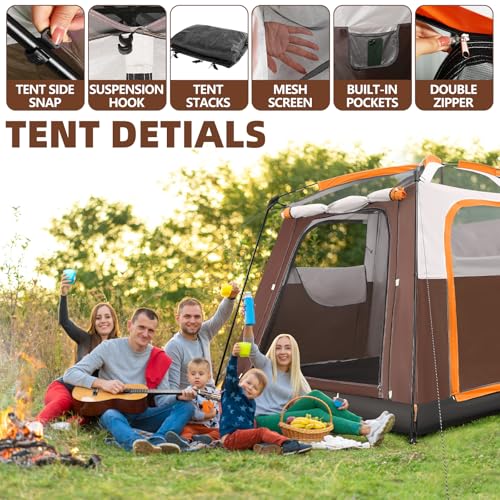 Camping Tent 6 Person Waterproof Windproof Pop-Up Family Tent with Top Rainfly, Mesh Windows, Double Layer, Carry Bag, Tents for Camping, Hiking, Sleepovers