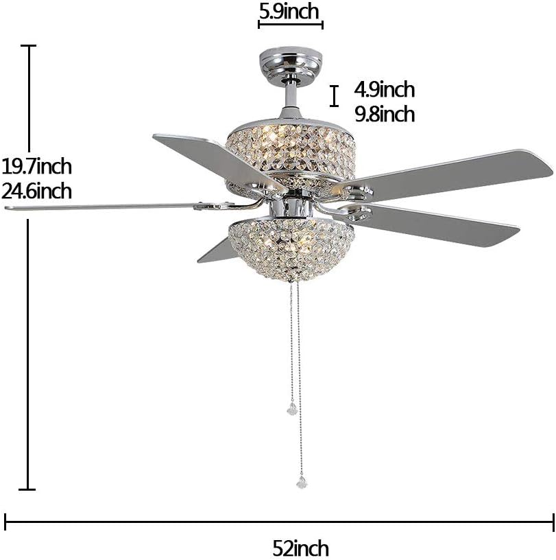 TFCFL Modern 52in Crystal Ceiling Fan with Light and Remote 5 Blades Chandelier Fan Lighting with 3 Speed Adjustable & Timing Function, Crystal Ceiling Fan for Living Room Bedroom Office (Silver)