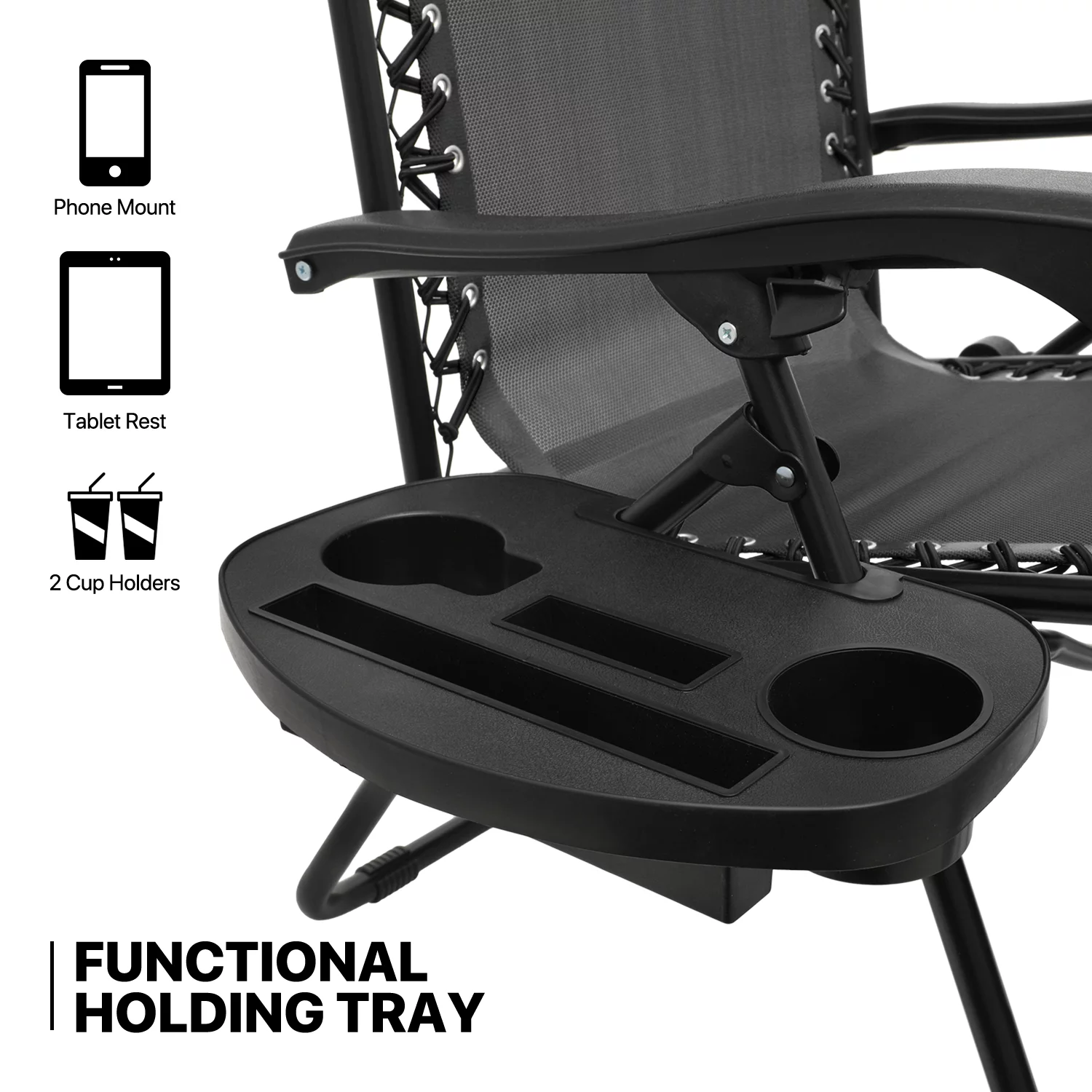 MoNiBloom Patio Zero Gravity Chair Set of 2, Folding Adjustable Reclining Beach Lawn Lounger with Pillow and Cup Holder, Black