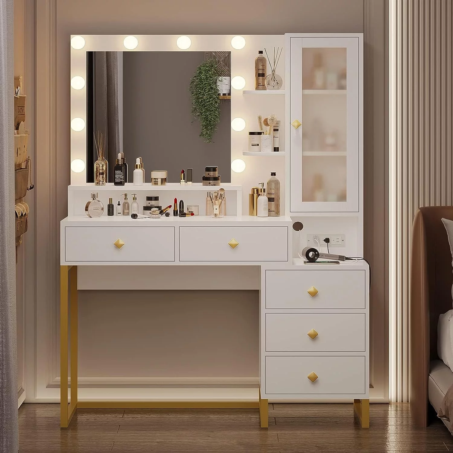 Makeup Vanity with Lights, Vanity Table with Charging Station，Mirror,Makeup Table with with 5 Drawers and Storage Shelves, White