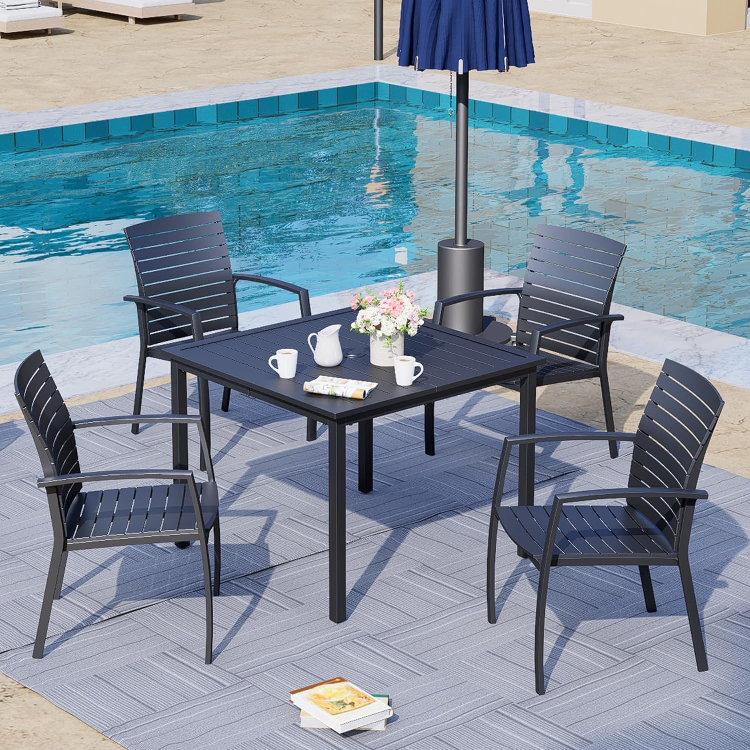 5 Pieces Patio Dining Set Outdoor Furniture with 4 Stackable Aluminum Chairs and Square Table for Yard, Garden, Porch and Poolside Black
