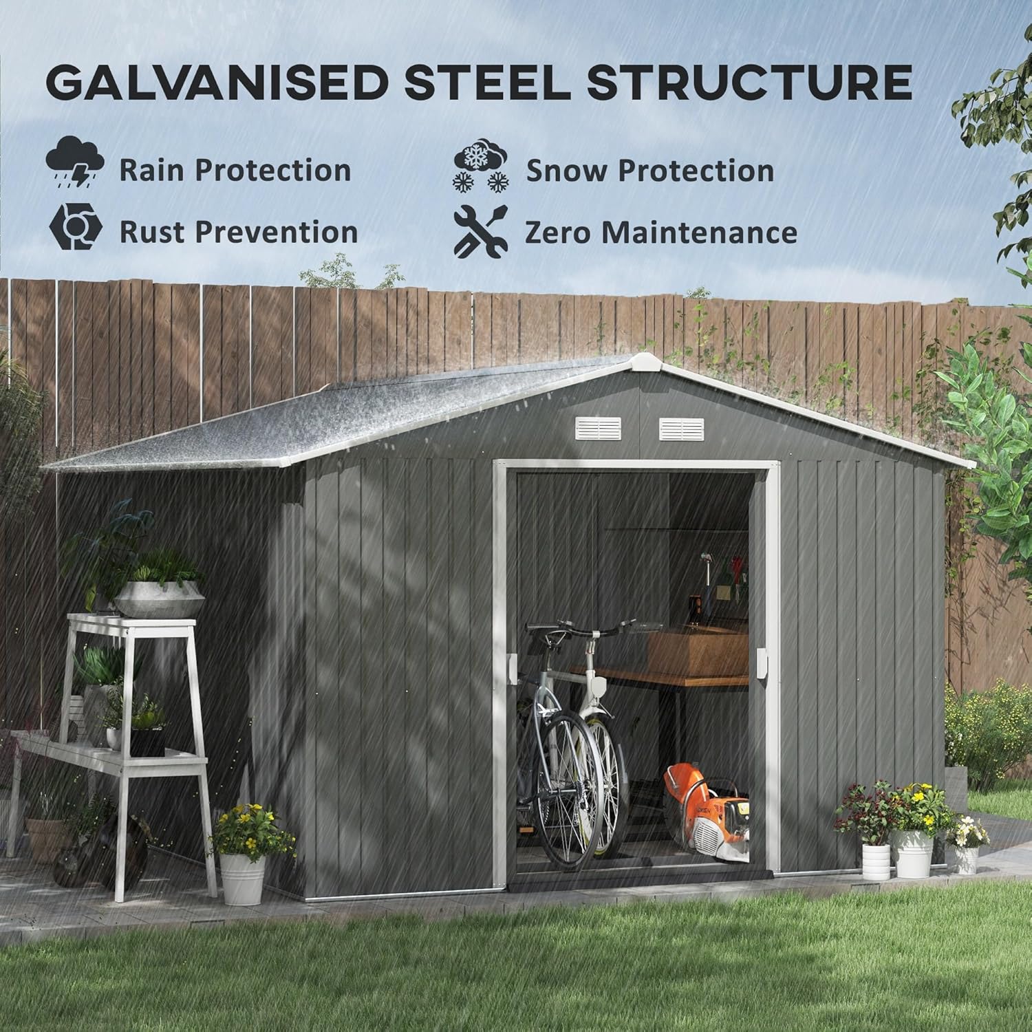 Outsunny 11' x 9' Outdoor Storage Shed, Garden Tool House with Foundation Kit, 4 Vents and 2 Easy Sliding Doors for Backyard, Patio, Garage, Lawn, Gray