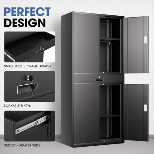 DNA MOTORING 71'' Metal Storage Cabinet, Locking Tool Cabinet with 1 Drawer and Adjustable Shelves, Lockable Heavy Duty Metal Locker for Garage,Office,Home,Gym, Gray, TOOLS-00629-GY-GY-A