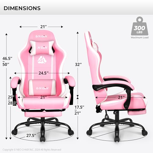 N-GEN Video Gaming Chair with Footrest High Back Ergonomic Comfortable Office Computer Desk with Lumbar Support Height Adjustable with PU Leather Recliner for Adults Women Men (Black)