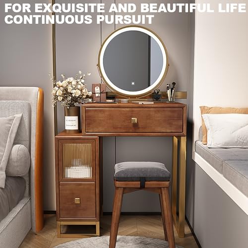 Wooden Makeup Desk for Bedroom Dressing Room Vanity Desk with Mirror and Lights 3 Lighting Color Adjustable Vanity with Drawers with Cushioned Stool for Women Girls Dressing Room.