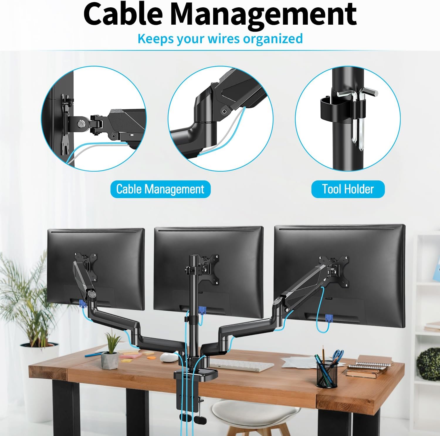 MOUNTUP Triple Monitor Mount - Monitor Desk Mount for 3 Computer Screens Up to 27 inch, Triple Monitor Arm with Gas Spring, Heavy Duty Monitor Stand, Each Arm Holds Up to 19.8 lbs