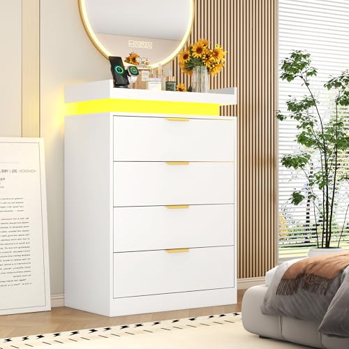 White Dresser with LED Lights, Wooden LED Dresser, 4 Drawer Chest with Charging Station, Tall Chest of Drawer Closet Organizer for Bedroom, Living Room, Entryway, Hallway