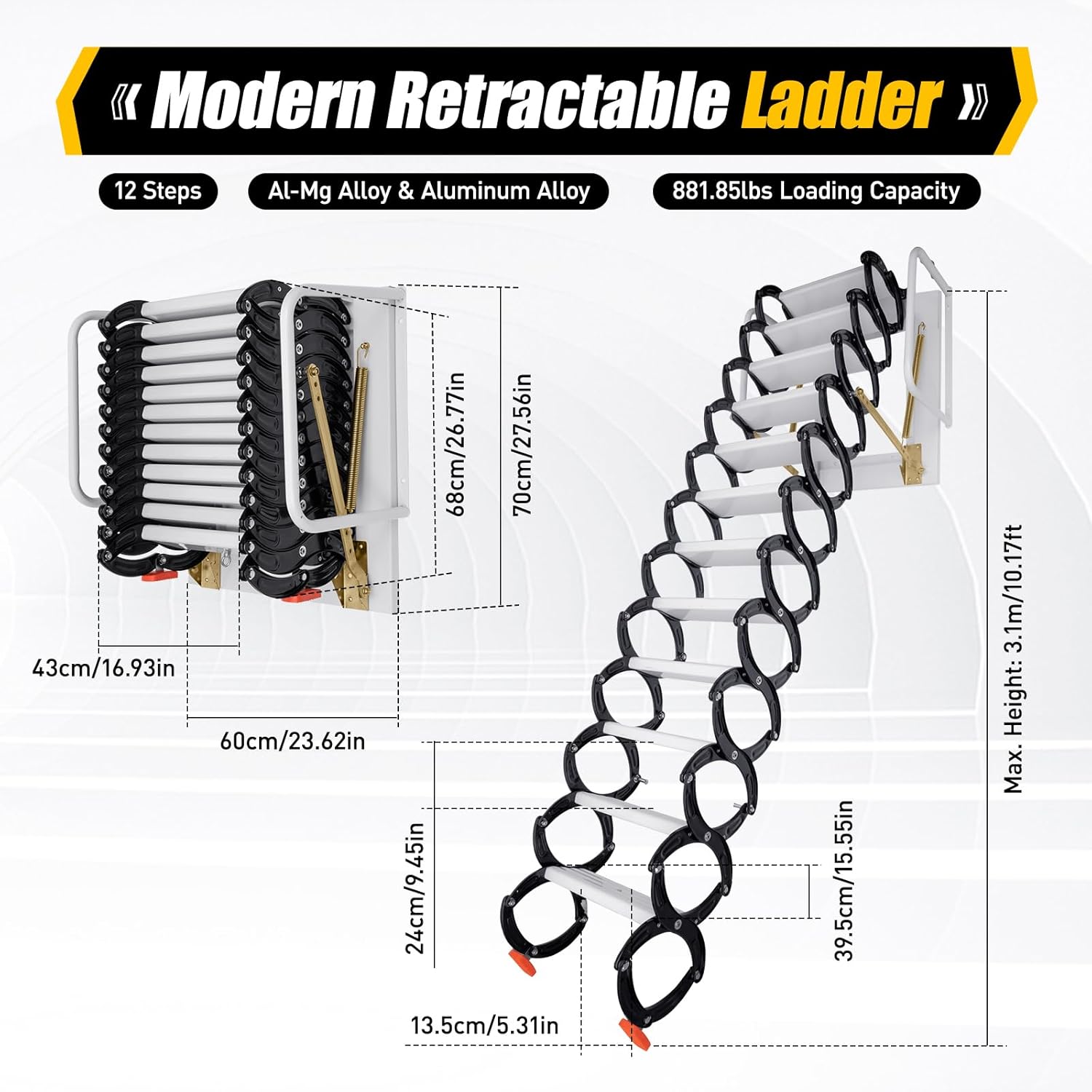 Wall Mounted Folding Ladder, 9.5ft 12steps Attic Loft Ladder Stair Attic Pull down Stair for Cottage Basement Retractable Attic Ladder with Armrests, 882 lbs Load-bearing(Black+White)