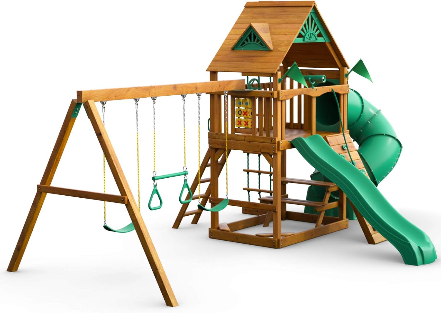 Gorilla Playsets 01-0005-AP Mountaineer Wooden Swing Set with Two Slides & Wood Roof, Brown
