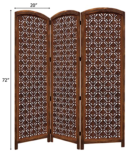 Room Divider Wood Screen - Ghanti Bells Antique Brown - 4 Panel Folding 72 x 80 - Assembled Hand Carved Decorative Functional Versatile Portable Partition Reversible Privacy Boho - COTTON CRAFT
