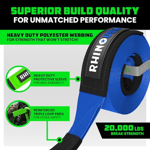 Rhino USA Recovery Tow Strap (3" x 20') - 31,518lb Break Strength - Emergency Recovery Strap Tow Rope for Truck, UTV, ATV & More - Heavy Duty Towing Strap for Offroad 4x4 Use - Compatible with Jeep
