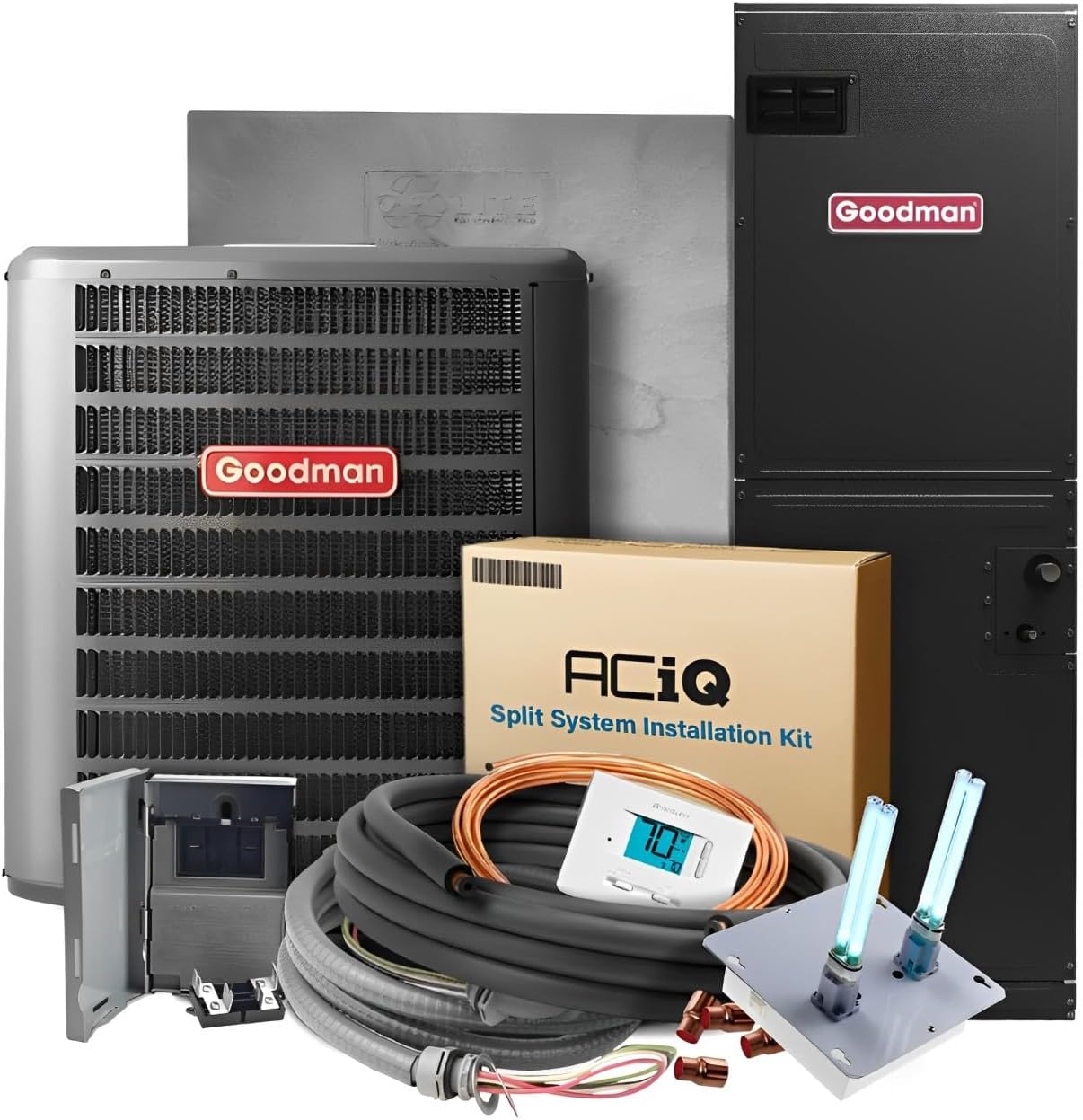 Goodman 15 SEER2 2 Ton 10kW Heat Pump Split System | Downflow, Upflow, or Horizontal Air Electric Handler with Thermostat and 30' Install Kit | Backup Heat Kit, Single Stage Condenser