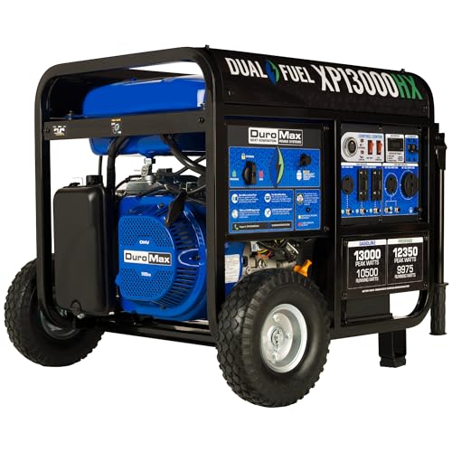 DuroMax XP13000HXT 13,000-Watt 500cc Tri Fuel Gas Propane Natural Gas Portable Generator with CO Alert, Black/Blue