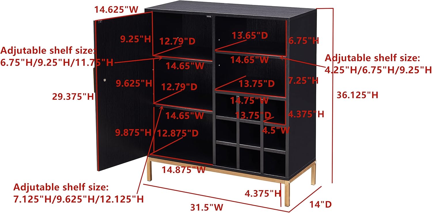 KB Designs – Black/Gold Wood Buffet Bar Liquor Cabinet with Wine Rack Storage and Glass Holder