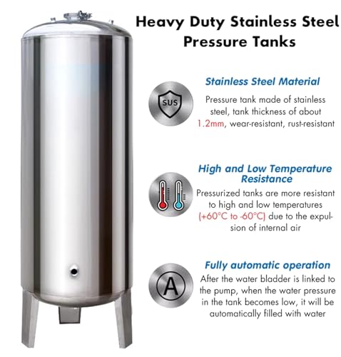 15 25 40 50 65 80 100 130 185 Gal Pressure Tank Stainless Steel/ Water Pressure Tanks for Water/ Well Pump, Vertical Water Storage Bladder Containers for Pressurized Water System - with Mounting Kit (