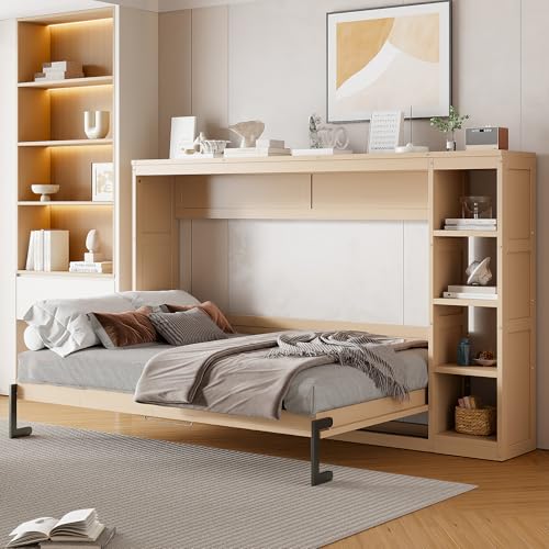 Wooden Murphy Cabinet Bed Frame with Charging Station, Full-Size Foldable Wall Bed with Large Storage Drawer for Home Apartment Limited Living Places, Space-Saving Hidden Bed No Box Spring Needed