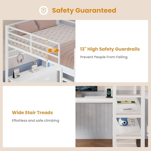 ADORNEVE Loft Bed Full Size with U-Shaped Desk, 6 Storage Drawers, Power Outlet, LED Metal Loft Bed with 2 Storage Shelves, Bed with Safety Guardrail & Ladders, No Box Spring Needed, Rustic Brown