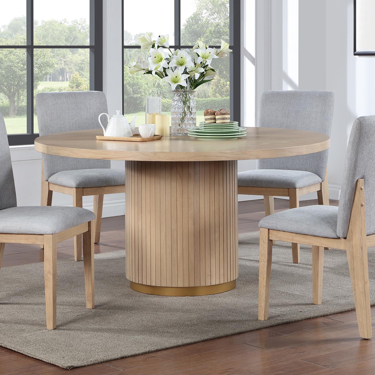 59'' Round Wood Dining Table Farmhouse Wood Table for 4-6, Modern Contemporary Style Wooden Dining Table Kitchen Table Dinner Table for Living Room Apartment Office, Oak