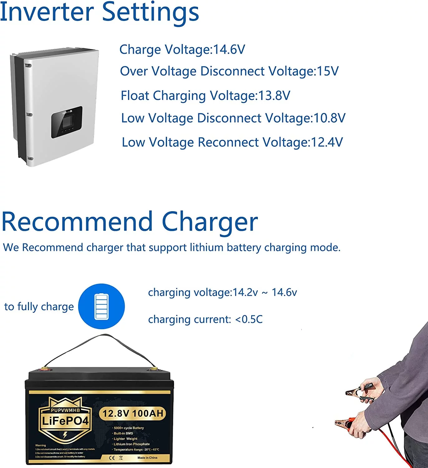 PUPVWMHB LiFePO4 Battery 12V 100Ah Lithium Batteries 5000+ Deep Cycles Iron Phosphate Battery for Golf Cart Solar RV Camper Marine Battery Low Temp Protection, Built-in BMS.Support in Series/Parallel