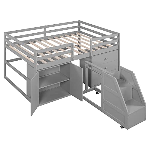 Full Size Low Loft Bed with Retractable Writing Desk, Storage Bed with 4 Drawers and Shelves, Wooden Loft Bed with Lateral Portable Desk for Kids Teens Adults Bedroom (White-Full)