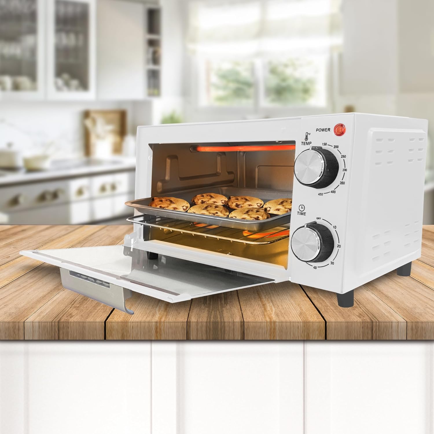 750W Toaster Oven 4 Slice With Baking Tray, Bake Toast Cook And Broil, Temperature Control, 60 Minute Timer Knob, Automatic Shutoff, Baking Tray And Crumb Tray Included