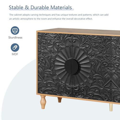Sideboard Buffet Cabinet with Storage, Large Kitchen Storage Cabinet with Carved Door, Wood Coffee Bar Cabinet Buffet Table Console for Living Room Entryway Dining Room, Black+White