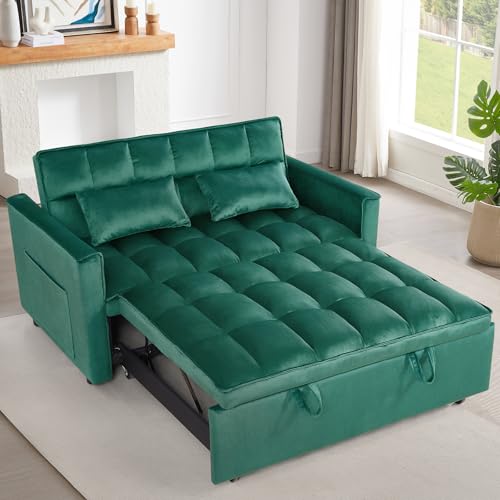 3 in 1 Convertible Sleeper Sofa Bed,Futon Loveseat Couch with Pull-Out Bed & Adjustable Backrest,Velvet Fabric Sofa with Side Pocket for Small Apartment, Living Room, Office (Black)