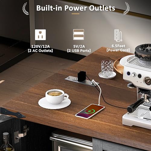 54.5" Farmhouse Mobile Kitchen Island with Power Outlet, Drop Leaf, Spice Rack and Drawer - Rolling Kitchen Cart with Ample Storage, Rustic Storage Islands for Home and Dining Room