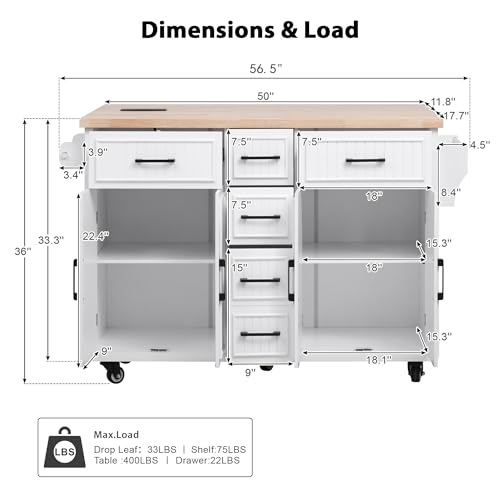 56.5" Rolling Kitchen Island with Storage on Wheels, Kitchen Cart with Drop Leaf & Power Outlet, Portable Island Table with 4 Doors, 5 Drawers, Spice Rack and Towel Bar for Dinning Room, Black