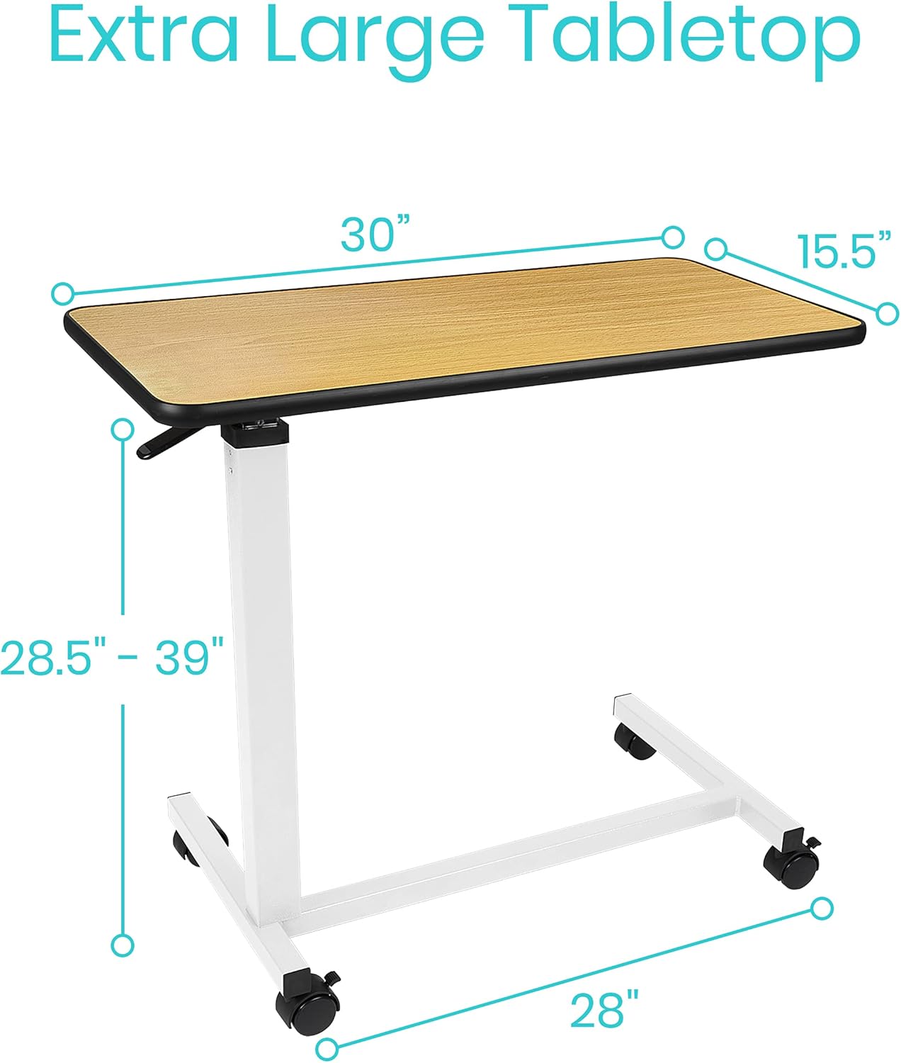 Vive Overbed Table (XL) - Hospital Bed Table - Swivel Wheel Rolling Tray - Adjustable Over Bedside Home Desk - Laptop, Reading, Eating Breakfast Cart Stand - Bedridden, Elderly, Senior Patient Aid