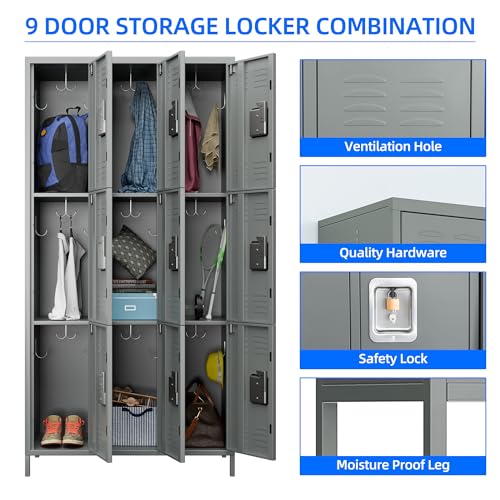 METAN Metal Storage Locker for School Office Gym Bedroom, 12 Doors Locker Cabinet for Employees, Industrial Steel Storage Locker with 12 Hooks, Assembly Required (12 Door-Light Gray)