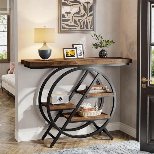 Tribesigns Console Table, 39.4-Inch Entryway Table with Thickened Tabletop, 4- Tier Industrial Narrow Hallway Sofa Table with Geometric Metal Frame for Living Room, Entryway, Rustic Brown