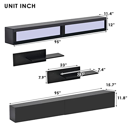 Wall Mount Floating TV Stand with Four Media Storage Cabinets and Two Shelves, Modern High Gloss Entertainment Center for 95+ Inch TV, 16-Color RGB LED Lights for Living Room, Bedroom, Black