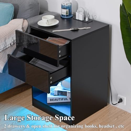 HOMMPA Set of 2 White LED Nightstand with Charging Station Side Table with Open Shelf Night Stand with Led Lights USB Ports Outlets Bedside Table End Table with Drawers Storage for Bedroom